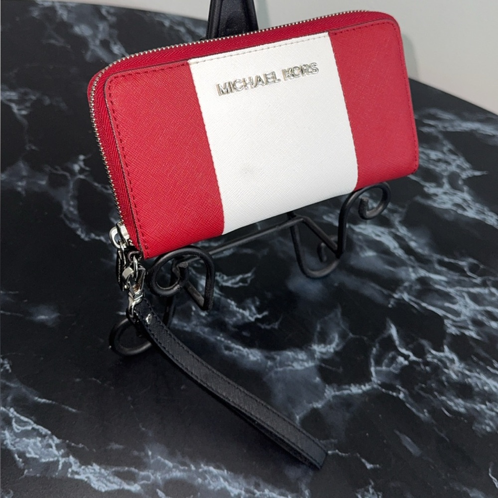 Michael Kors Large Wallet Wristlet Clutch Leather Zip Red White AUTHENTIC - Picture 4 of 9